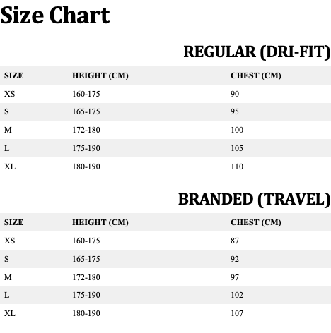 Size chart showing size, height in centimeters, and chest measurements for sizes S and L across two sections.