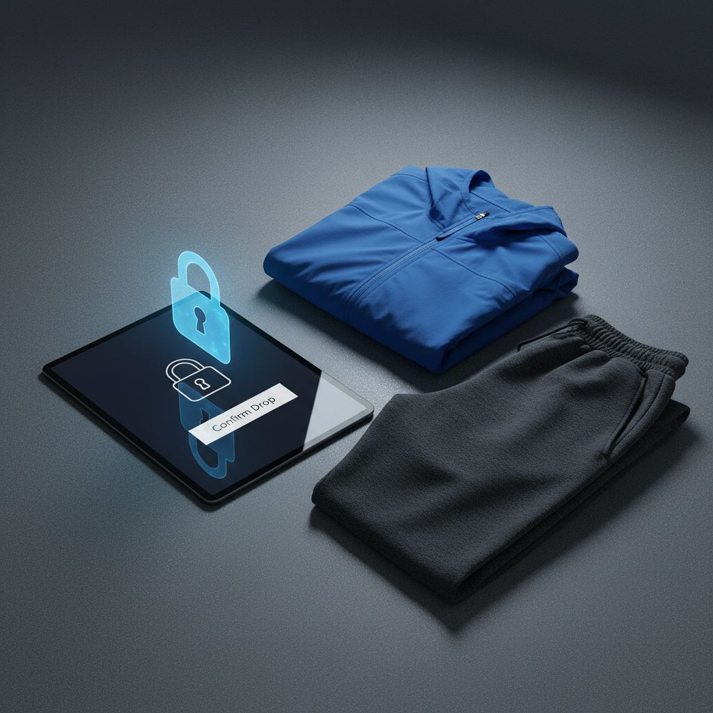 A digital checkout scene arranged as a still life: a sleek black tablet displaying a minimalist lock icon and a clean “Confirm Drop” button rests beside a folded recycled-nylon windbreaker in electric blue and a pair of charcoal organic-cotton joggers. The items are arranged on a matte slate-grey surface with a subtle, grainy texture. A translucent overlay of a padlock hologram hovers above the tablet screen, suggesting secure encryption. Cool, focused studio lighting from the top-right creates crisp reflections on the tablet glass and soft highlights on the fabrics, with gentle shadows adding depth. Captured from a three-quarter elevated angle in photographic realism, the scene feels bold, tech-forward, and trustworthy, visually connecting ethical streetwear to secure, decisive checkout.
