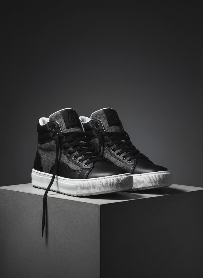 A pair of meticulously detailed high-top sneakers made from matte black recycled leather and textured charcoal-grey organic canvas, resting on a clean concrete pedestal. The laces are slightly undone, revealing a crisp white organic-cotton lining and a small embossed lock icon on the tongue symbolizing secure drops. Cool, directional studio lighting from the left carves sharp highlights along the rubber sole and subtle shadows beneath, emphasizing bold contours. The background fades into a soft, out-of-focus gradient of deep charcoal to ink black. Captured at eye level with a shallow depth of field in photographic realism, the composition is centered and powerful, creating a bold, premium, and future-forward streetwear atmosphere.