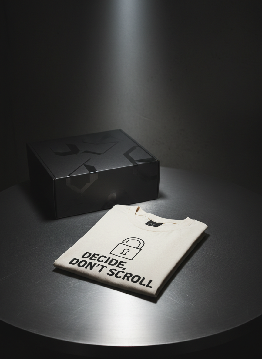 A single folded graphic tee made from undyed organic cotton, its surface printed with a minimalist black lock icon and the words “Decide, Don’t Scroll” in bold, condensed lettering. The tee rests on a brushed steel tabletop reminiscent of a secure vault door. Behind it, a partially opened matte-black recycled cardboard box with subtle embossed branding suggests an exclusive drop just unboxed. A narrow beam of cool white light from above creates a dramatic spotlight effect, leaving the background in soft shadow while accentuating the fabric’s weave and slight imperfections. Captured from a slightly elevated angle in photographic realism, the scene feels stark, bold, and deliberate, embodying ethical streetwear as a conscious choice.