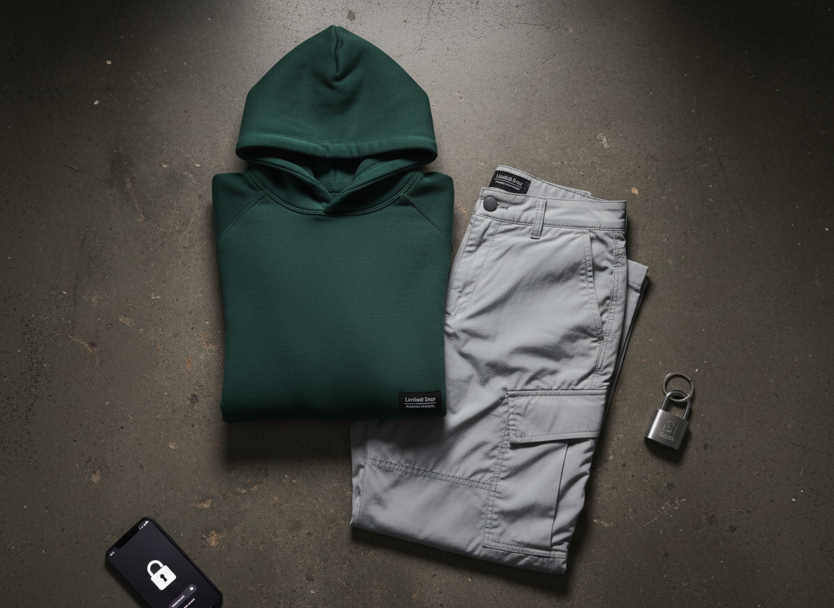 A flat-lay composition of a complete streetwear drop: a heavyweight organic-cotton hoodie in deep forest green, recycled nylon cargo pants in stone grey, and a minimalist recycled-metal padlock keychain arranged with precision on a dark, textured concrete surface. Each garment has subtle woven tags reading “Limited Drop” and “Recycled / Organic” in crisp white typography. Overhead, diffused studio lighting evenly illuminates the fabrics, revealing rich textures and stitching detail while casting soft, controlled shadows around the items. A sleek smartphone with a glowing lock icon screen sits at the edge of the frame, hinting at secure checkout. Photographic realism with a clean, modern aesthetic, shot from directly above, creates a bold, curated, and decisive mood.