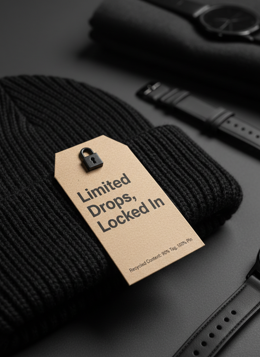 A hyper-detailed close-up of a recycled cardboard hangtag attached to a jet-black organic-cotton beanie, the tag printed with bold white text reading “Limited Drops, Locked In” and a tiny line of specs listing recycled content percentages. The beanie’s chunky knit texture fills most of the frame, its fibers clearly visible and tactile. The tag is secured with a thin, matte-black recycled metal pin shaped like a tiny lock shackle. Soft, diffused studio lighting from above gently wraps the textures, avoiding harsh reflections and creating a focused, premium look. Background elements are blurred hints of other monochrome accessories on a dark surface. Photographic realism, tight framing, and a shallow depth of field create an intimate, decisive, and ethical-luxury atmosphere.