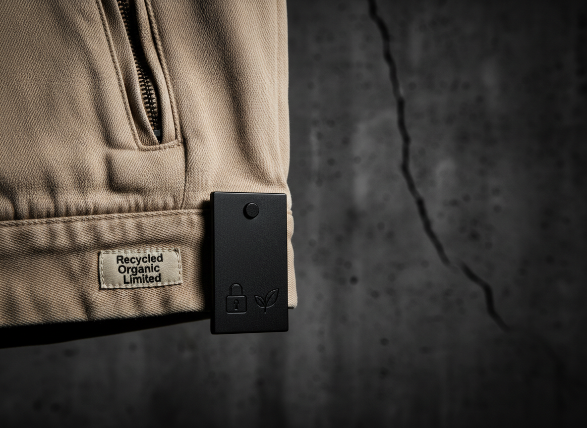 A close-up, photographic realistic shot of a matte-black recycled plastic security tag clipped to the hem of a sand-colored organic-cotton streetwear jacket, the tag engraved with tiny lock and leaf icons. The jacket hangs against a backdrop of raw, dark concrete with subtle cracks and texture, evoking an urban vault. Hard, side-angled studio lighting rakes across the fabric, highlighting sturdy stitching, metal zipper teeth, and the smooth, ethical materials tag that reads “Recycled / Organic / Limited.” The depth of field is very shallow, keeping the security tag razor sharp while the rest blurs into a moody, abstract background. The mood is intense, bold, and unapologetically secure, underscoring the “locked in” exclusivity of the brand.